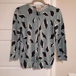 LOFT Cardigan Sweater M Green Black Floral Cotton Button Up Preppy Grandma core